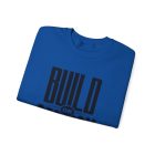 A blue t-shirt with the word build written on it.