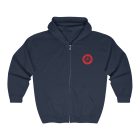 A navy blue zip up hoodie with a red circle on the front.