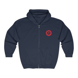 A navy blue zip up hoodie with a red circle on the front.