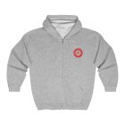 A gray zip up hoodie with a red circle on the front.