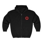 A black zip up hoodie with a red circle on the front.