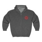 A gray zip up hoodie with a red circle on the front.