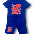 A blue t-shirt and shorts set with the words " pacific youth peace ".