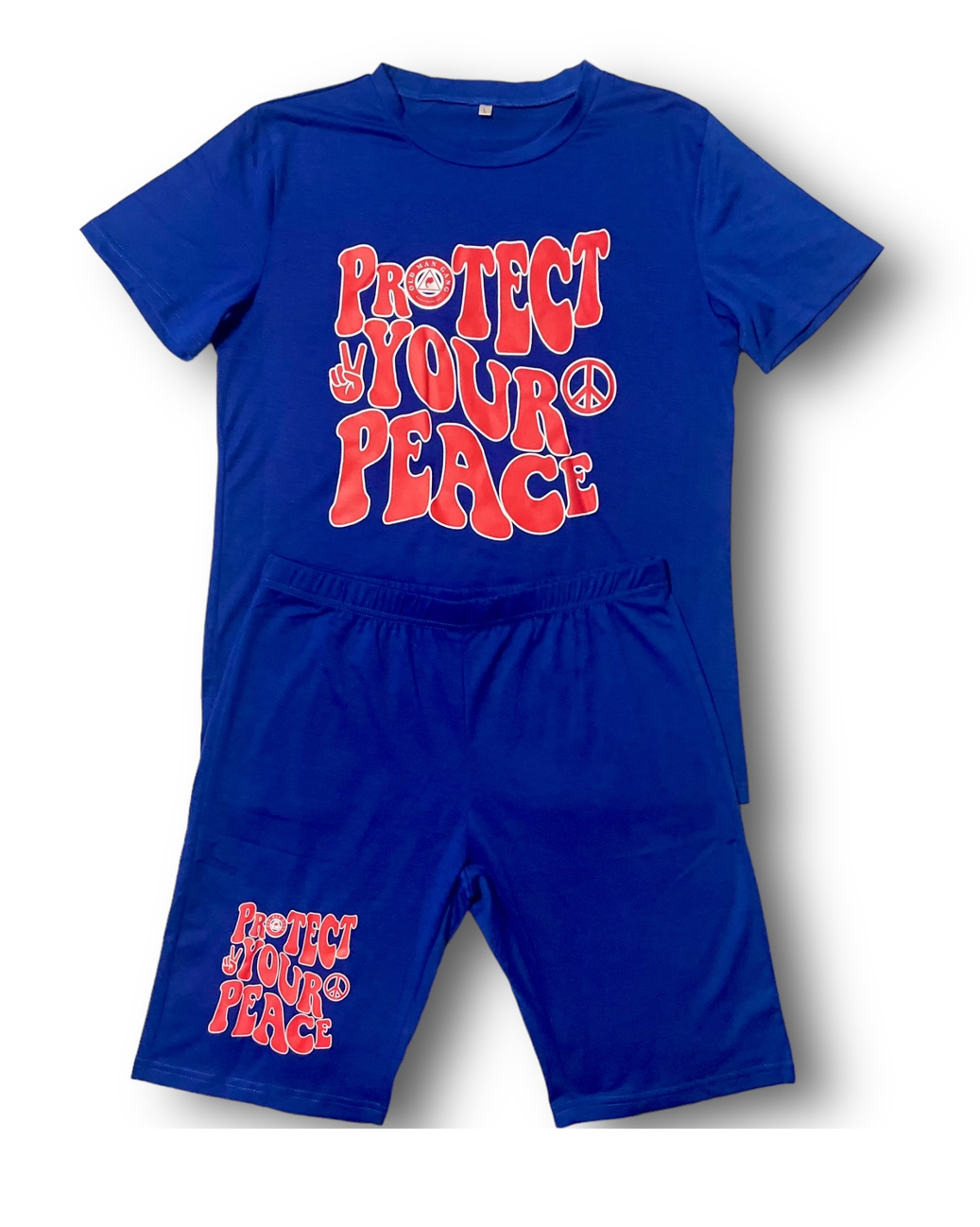 A blue t-shirt and shorts set with the words " pacific youth peace ".