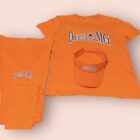 A orange t-shirt and shorts with an orange hat on top of it.