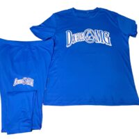A blue t-shirt and shorts are shown.