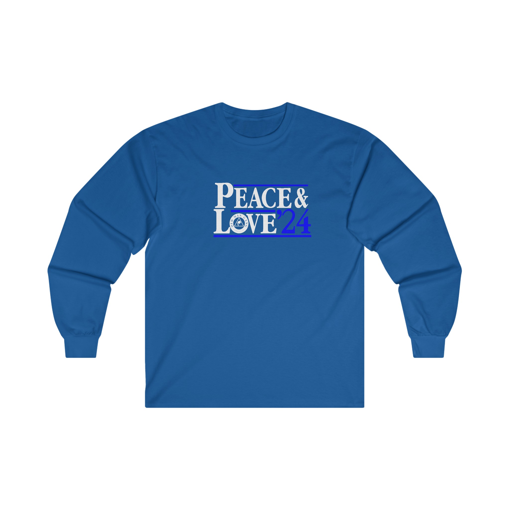 A long sleeve t-shirt with the words peace and love written in blue.