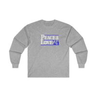 A long sleeve t-shirt with the words peace love 4.