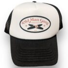 A black and white hat with an oval logo.