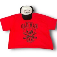 A red t-shirt with an old man gang logo on it.