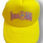 A yellow hat with the words " duble mg " on it.