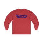 A red long sleeve t shirt with the words old man gang in blue.