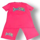 A pink t-shirt and shorts set with the name " dede ong ".