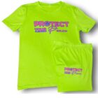 A neon green t-shirt and shorts set with the words " project new place ".