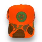 A neon orange hat with an image of a green circle on it.