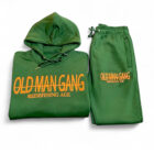 A green hoodie and pants with an old man gang logo.