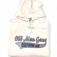 A white hoodie with an old man gang logo.