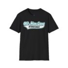 A black t-shirt with an old man gang logo on it.