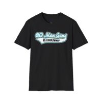 A black t-shirt with an old man gang logo on it.