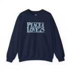 A navy blue sweatshirt with the words peace and love 2 5 written on it.