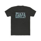 A black t-shirt with the words peace and love 2 5 written in blue.