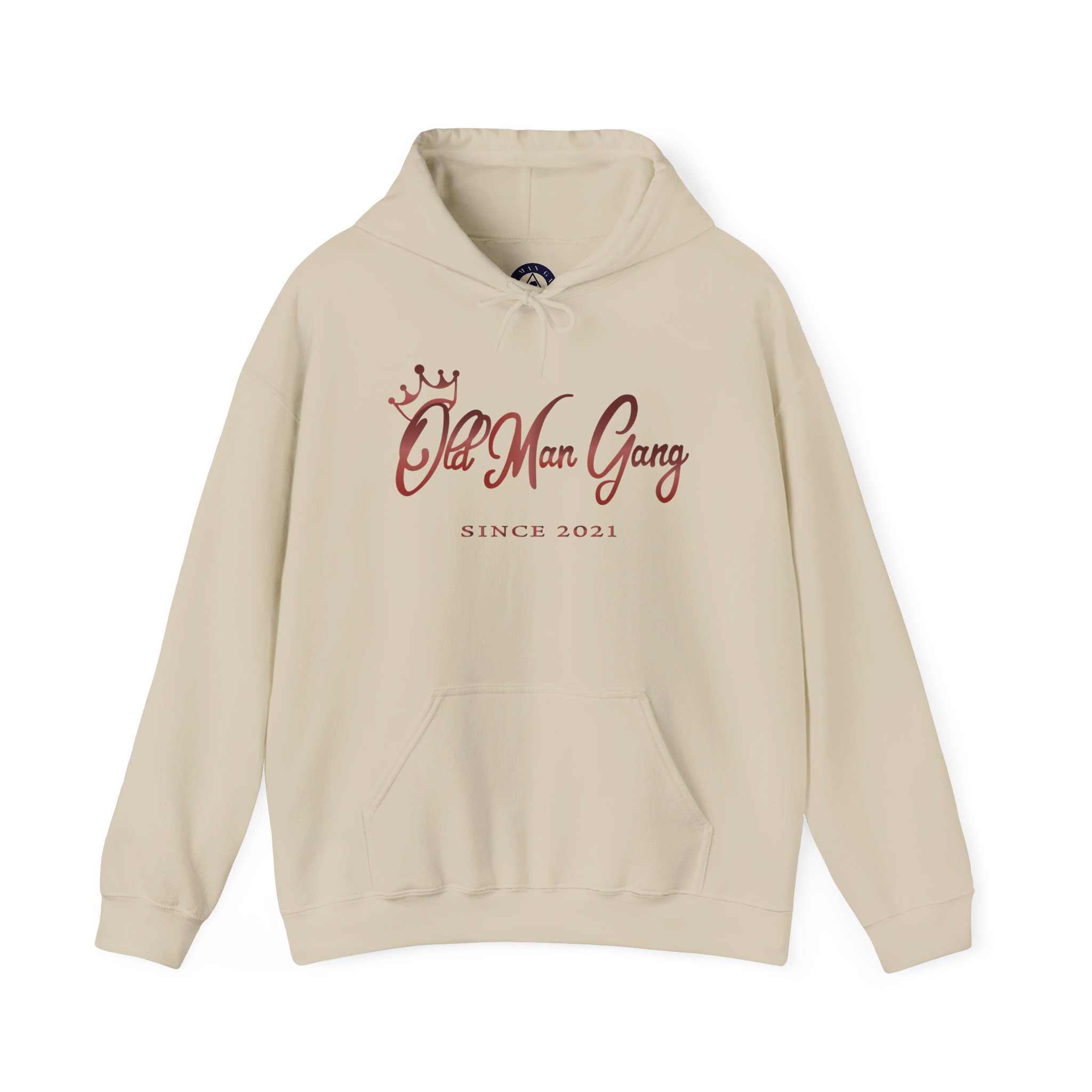 A beige hoodie with the words " the old man gang " written on it.