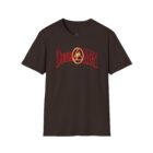 A brown t-shirt with the words " iron man ".