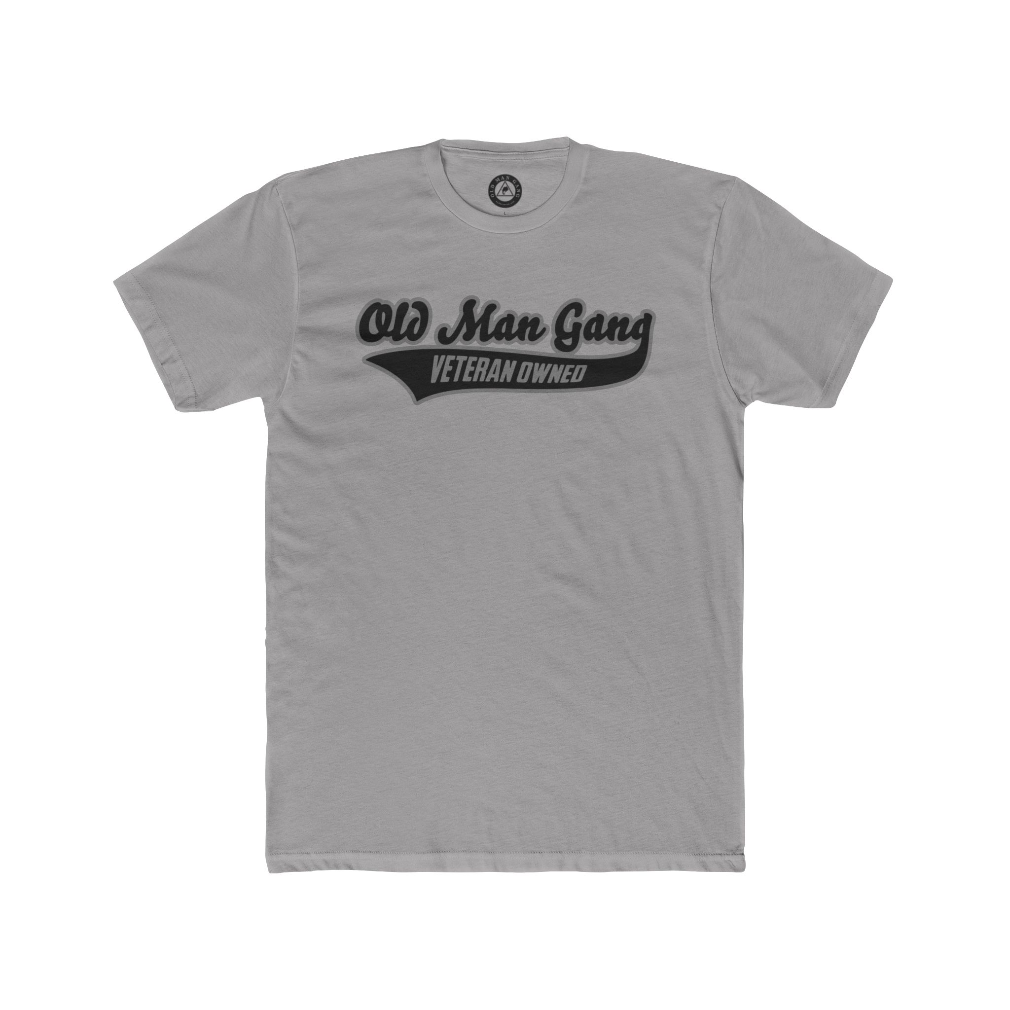 A gray t-shirt with an old man gang logo.