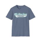 A blue t-shirt with an old man gang logo on it.