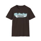 A brown t-shirt with an old man gang logo on it.