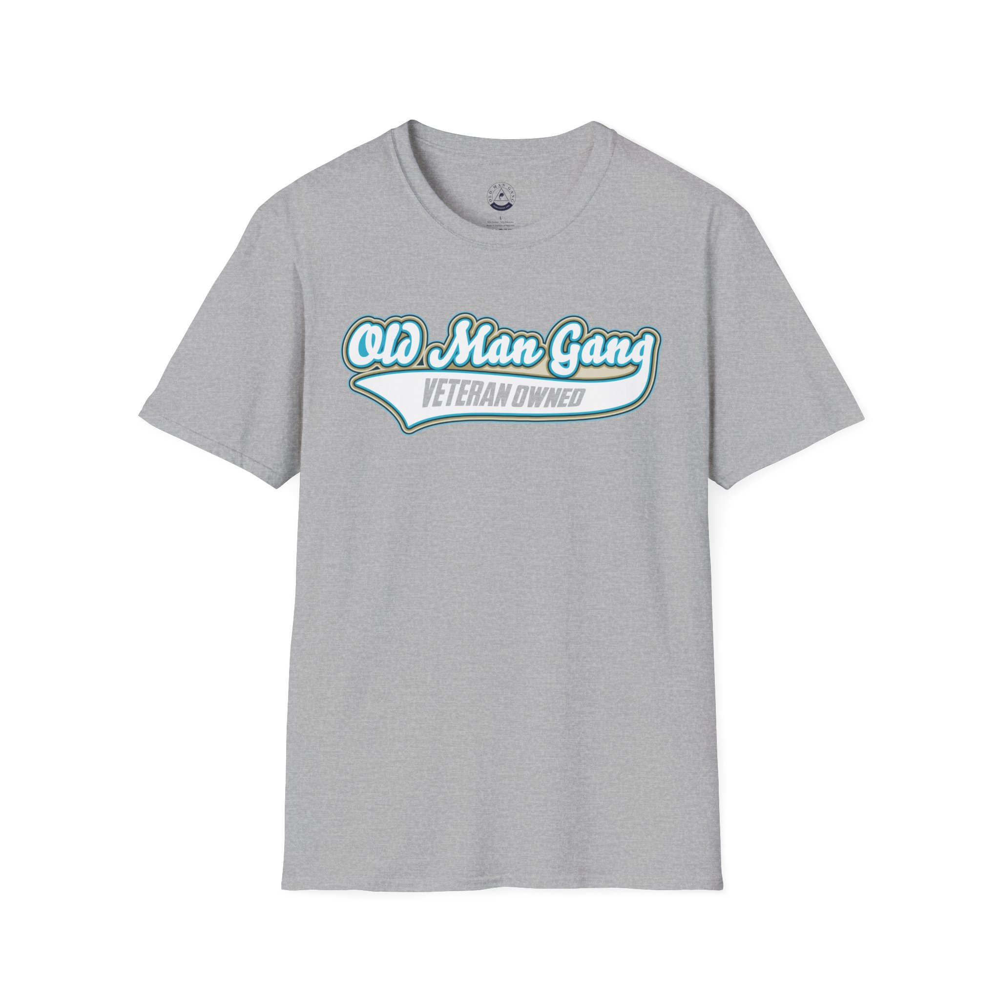 A gray t-shirt with an old man gang logo on it.