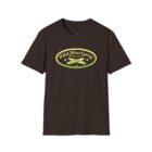 A brown t-shirt with an oval logo on it.