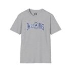 A gray t-shirt with the word " drong " written in blue.