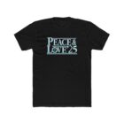 A black t-shirt with the words peace and love 2 5 written in blue.