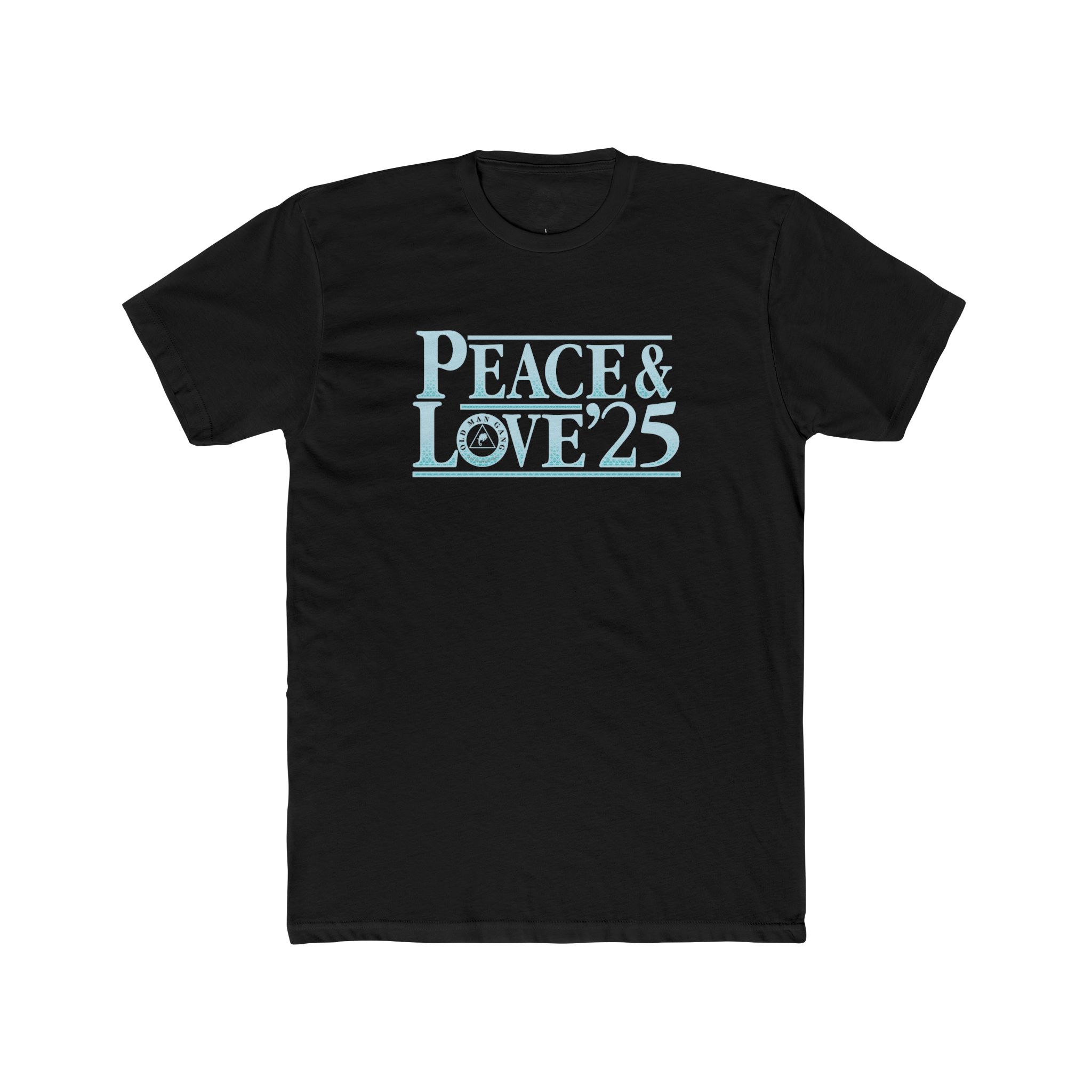 A black t-shirt with the words peace and love 2 5 written in blue.