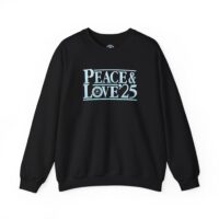 A black sweatshirt with the words peace and love 2 5 written on it.