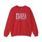 A red sweatshirt with the words peace and love 2 5 written on it.