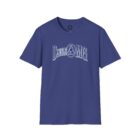 A blue t-shirt with the words " rock and roll ".