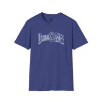 A blue t-shirt with the words " rock and roll ".