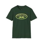 A green t-shirt with an oval logo on it.