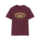 A maroon t-shirt with an oval logo on it.