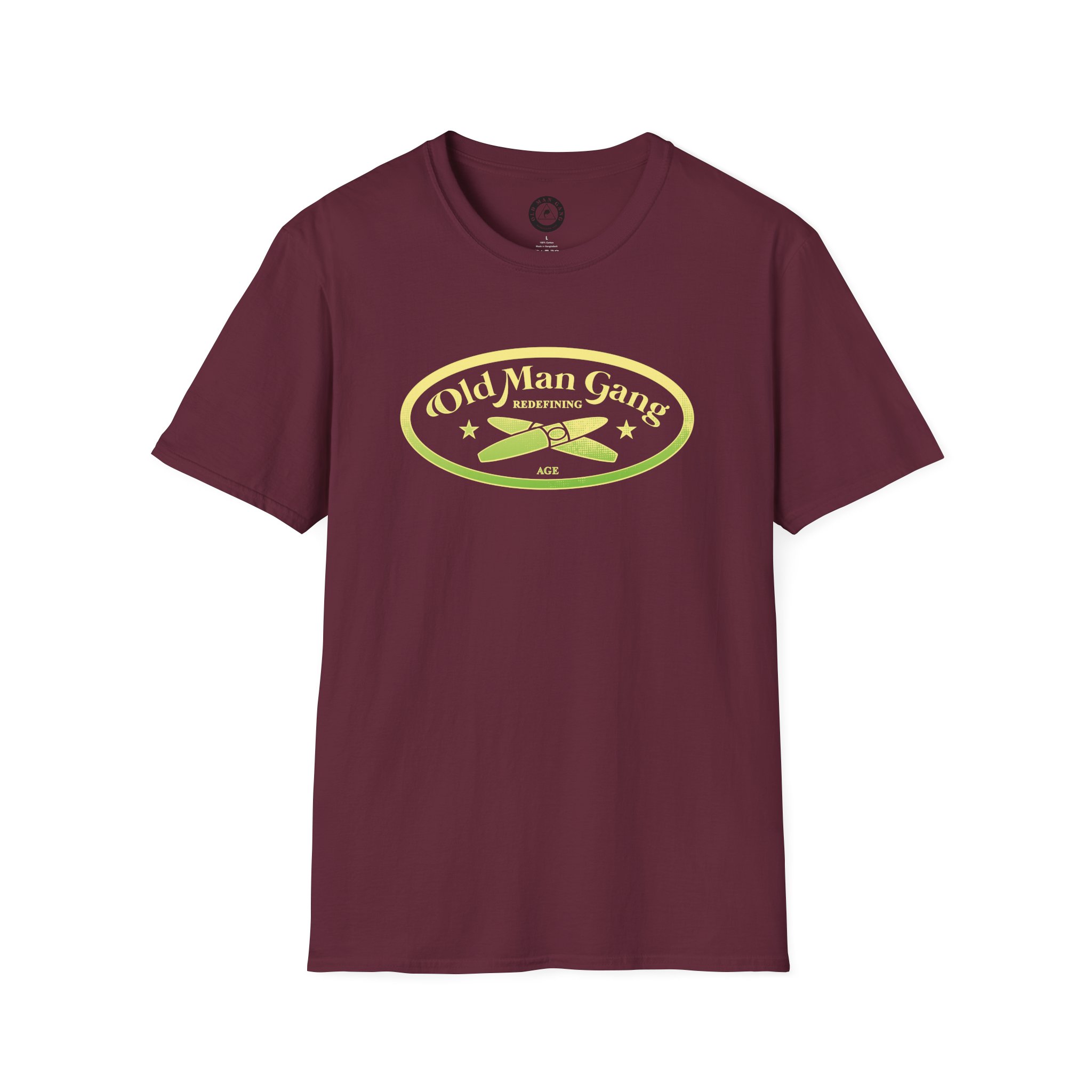 A maroon t-shirt with an oval logo on it.