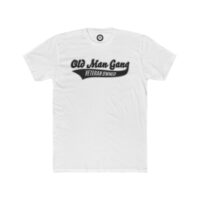 A white t-shirt with an old man gang logo.