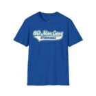 A blue t-shirt with an old man gang logo.