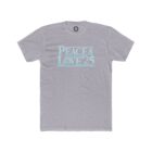 A gray t-shirt with the words peace and love written in blue.