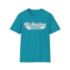 A blue t-shirt with an old man gang logo on it.