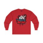 A red long sleeve shirt with graffiti on it.