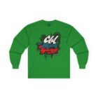 A green long sleeve shirt with graffiti on it.