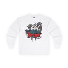A white long sleeve shirt with graffiti on it.