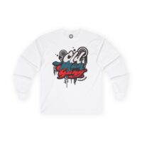 A white long sleeve shirt with graffiti on it.